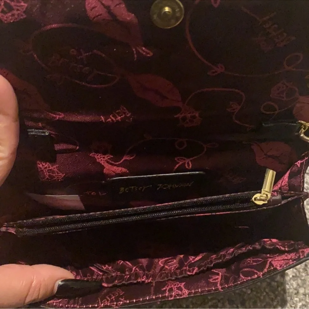 Betsey Johnson Black and White Striped Crossbody Bag with Pink Tassel